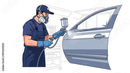 Flat vector illustration of a mechanic person painting a car panel in a workshop, automotive customization hobby with protective gear and solid color style