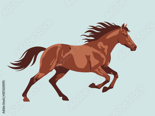 Graceful brown horse galloping across a light blue background, a symbol of freedom and power