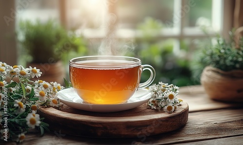 Steaming cup of soothing herbal chamomile tea on a rustic wooden table indoors.