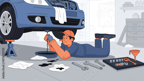 Flat vector illustration of a mechanic person changing engine oil in a garage, practical automotive maintenance hobby with tools and solid colors