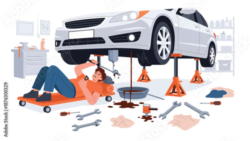 Flat vector illustration of a mechanic person changing engine oil in a garage, practical automotive maintenance hobby with tools and solid colors