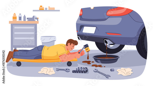 Flat vector illustration of a mechanic person changing engine oil in a garage, practical automotive maintenance hobby with tools and solid colors