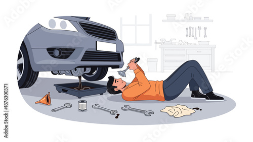 Flat vector illustration of a mechanic person changing engine oil in a garage, practical automotive maintenance hobby with tools and solid colors
