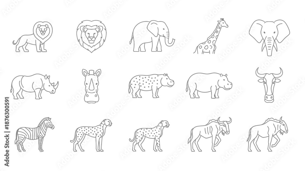 Fototapeta premium African Safari Animals Line Art Icons
