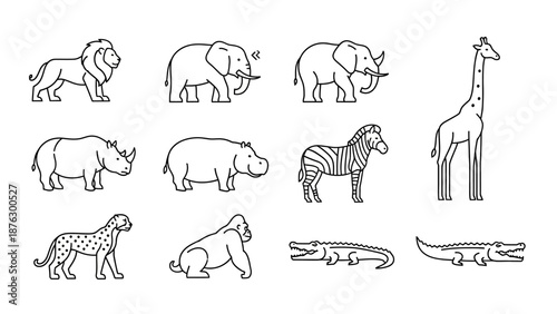 African Safari Animals Collection, Simple Line Art Icons
