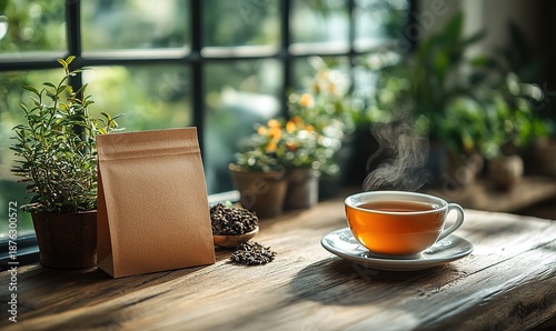 Steaming hot tea, craft pouch, tea leaves on rustic table, natural light.