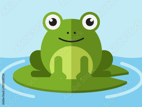 Adorable green frog illustration, a cheerful amphibian sitting serenely on a vibrant lily pad in calm blue water, embodying peaceful pond life and charming aquatic nature