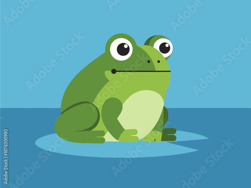 Charming green amphibian illustration sitting peacefully on a lily pad in a tranquil pond setting, perfect for children's designs and educational projects