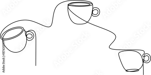 Continuous line drawing of three coffee cups for cafe wall art