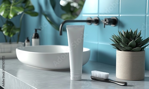 Blank white cosmetic tube, toothbrush, modern bathroom with clean aesthetic