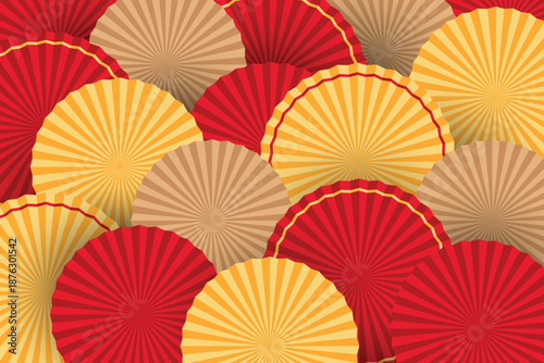 Seamless pattern of overlapping red, gold, and beige paper fans creating a festive Asian-inspired background.