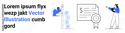 Person climbing blocks labeled Risk, certificate with badge, and professional discussing a strategy. Ideal for business management, education, training, achievement, teamwork, growth simple landing