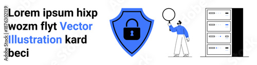 Shield with lock symbol for security, person examining with magnifying glass, server cabinets. Ideal for cybersecurity, data protection, privacy, analysis, IT solutions, digital safety simple