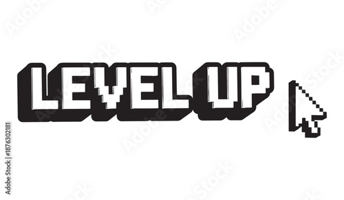 Pixelated level up text with cursor on white background