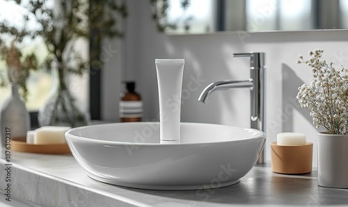 White cosmetic tube in modern bathroom basin with faucet, soap, minimalist design