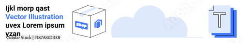 Cloud storage, data sharing, online shopping, digital documents, technology management, and internet services. Visual shows cloud, box with logo and stacked files. Cloud storage and data sharing