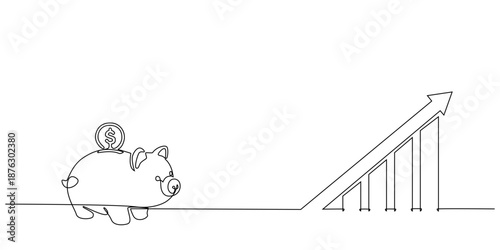One continuous line drawing of piggy bank coin dollar with growth chart.