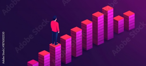 A person stands on stacks of vibrant pink blocks, symbolizing growth and progress in a stylized, digital landscape.