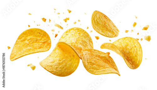 A heap of delicious, crunchy potato chips and salty tortilla nachos isolated on a white background makes for a tasty but unhealthy fried snack