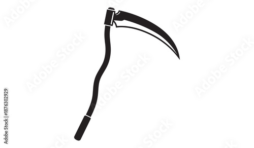 Black silhouette of a scythe isolated on white background