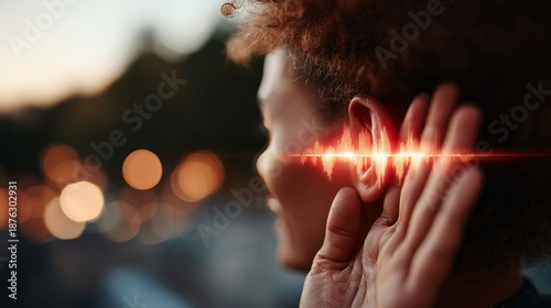 A person attentively listens as sound waves visually represented near their ear amidst a serene, blurred outdoor background.