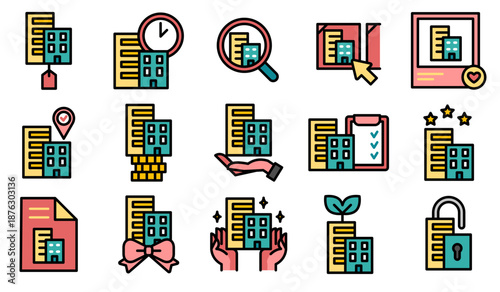부동산 아파트 컬러 아웃라인 아이콘 세트