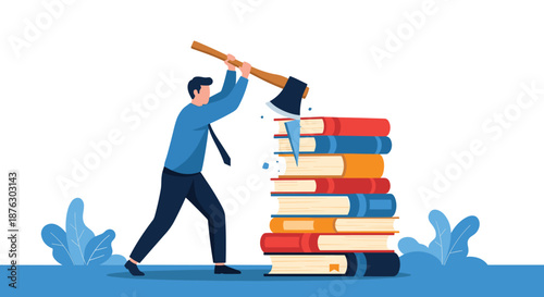 Businessman using an axe to cut through a tall stack of books representing a rejection of traditional education or learning.