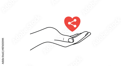 Conceptual illustration of a hand offering a heart with a share symbol inside representing social media engagement and charitable giving.