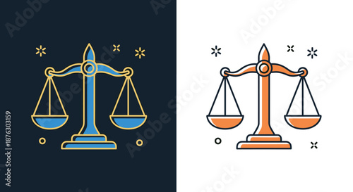 Law and justice scale icons presented in two different color palettes for legal judicial and courtroom related design projects.