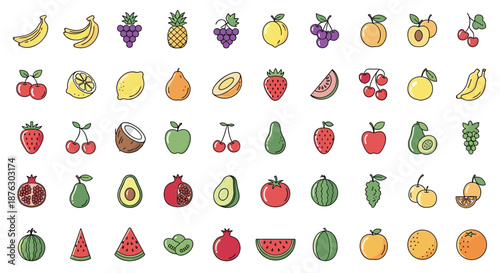 Large set of colorful fruit icons featuring apples bananas berries melons and tropical fruits for nutrition and diet themes.