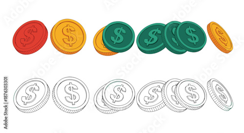 Array of stylized 3D dollar sign coins in red, gold, and green colors are shown both in color and line art for finance and currency concepts.