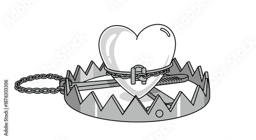 White heart trapped in a metal bear trap with chains and a lock illustrates the concepts of difficult relationships, heartbreak, or being caught.