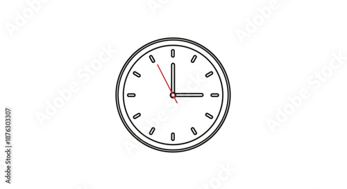 Minimalist wall clock face with simple markings and red second hand shows exactly three o'clock on a clean white background for time management.