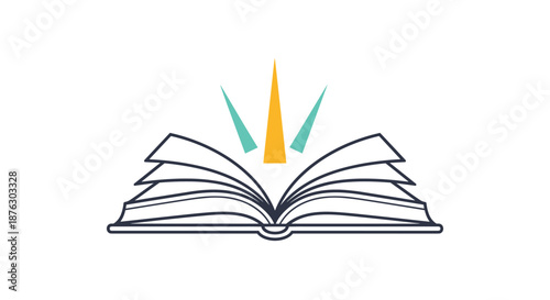 Open book with stylized rays of light shining from its pages symbolizes knowledge, education, learning, and the power of reading and literature.