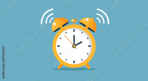 Classic yellow twin bell alarm clock is ringing with sound waves against a blue background, symbolizing early wake up calls and time alerts.