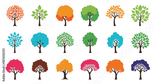 Large collection of diverse tree icons in various shapes, sizes, and autumn colors like orange, red, and green for environmental design projects.