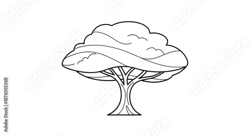 Minimalist line art drawing of a leafy tree with a wide canopy and sturdy trunk is ideal for nature, environment, and landscaping designs.