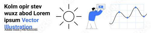 Sun icon, person holding tablet with video, line graph data trend. Ideal for education, technology, analytics, creativity, innovation, online learning minimal simple landing page