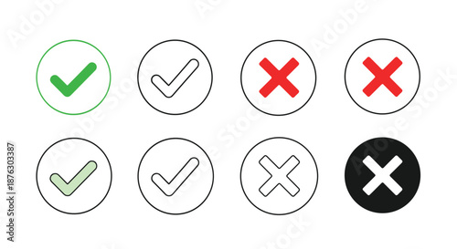 Set of various tick and cross symbols in green, red, black, and white representing success, failure, approval, and rejection in different styles.
