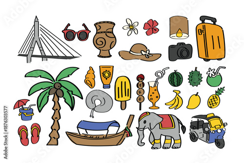 Set of Hand drawn Thailand trip in Doodle style