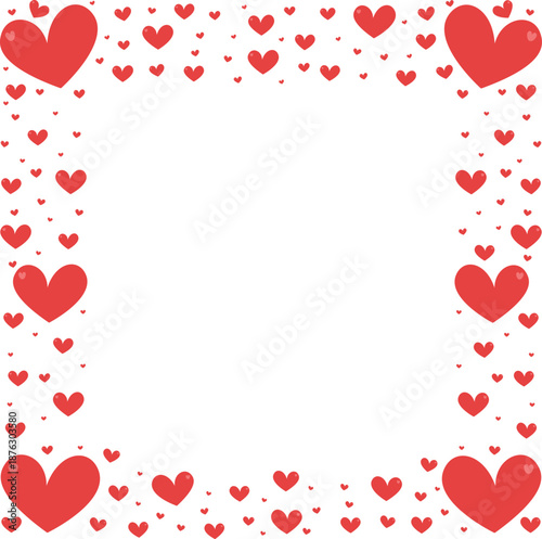 Romantic frame with red hearts of different sizes on a white background. Square frame of love and romance for greeting cards, invitations and social networks. Decorative frame for Valentine's Day with