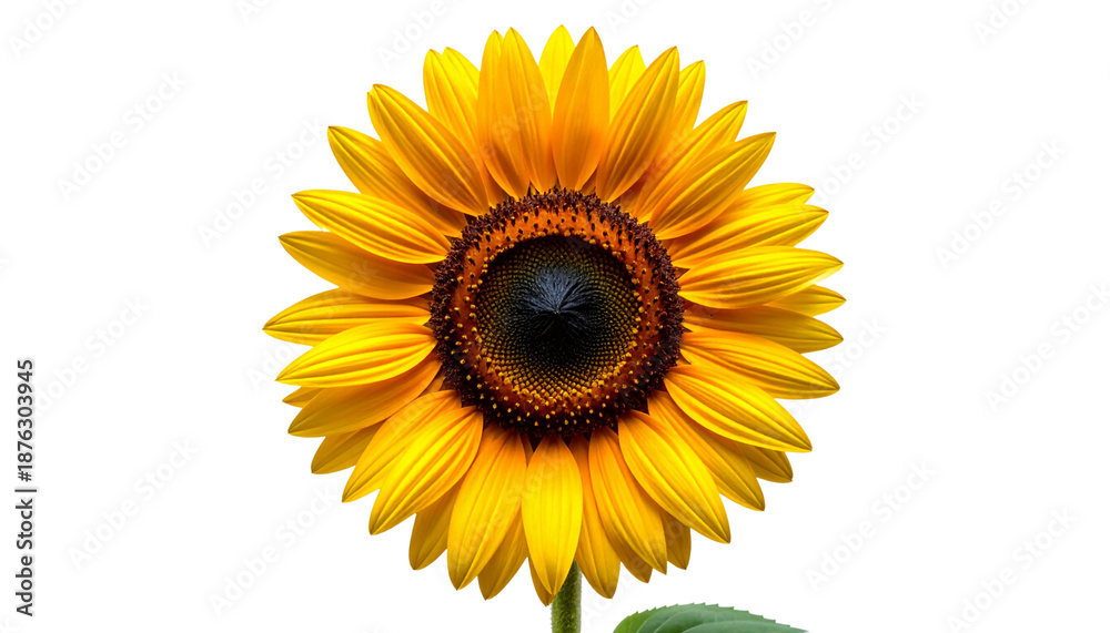Fototapeta premium A single beautiful yellow sunflower blossom with bright petals and green leaf is isolated on a white background, representing the summer nature and floral beauty of a garden plant