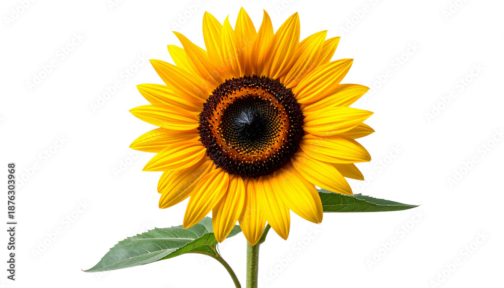 Fototapeta premium A single beautiful yellow sunflower blossom with bright petals and green leaf is isolated on a white background, representing the summer nature and floral beauty of a garden plant