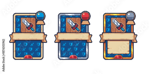Set of pixel art fantasy game cards with sword icon and decorative frames, retro 8-bit UI elements designed for RPG interfaces, collectible card systems, quests, upgrades, and game menus. 