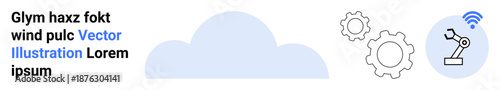 Cloud storage, technology integration, automation, industrial design, data processing, innovation. A cloud with gears and a robotic arm emitting a wireless signal. Cloud storage and technology