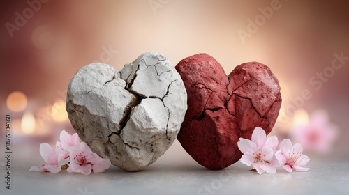 Two cracked heart-shaped sculptures made of white and red clay, placed side by side, with a soft bokeh and pink flowers, symbolizing emotional pain, healing, or the restoration of a relationship.