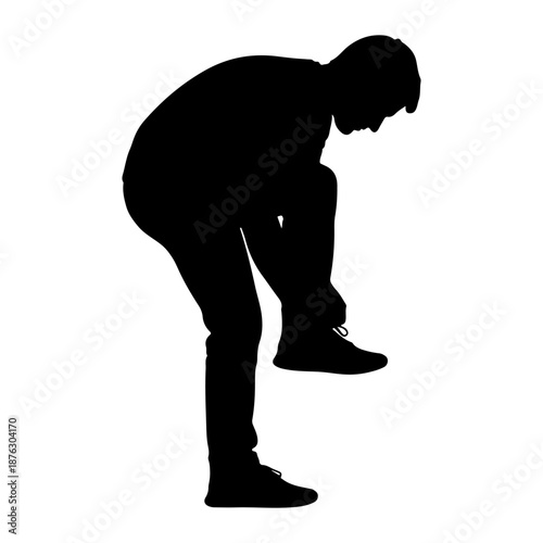 Silhouette of a man tying his shoelaces on a white background Vector