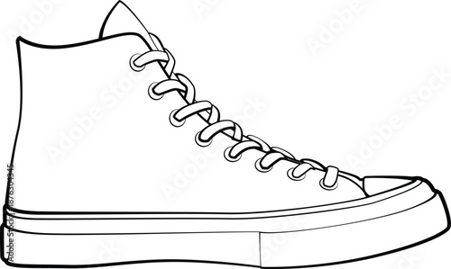 Side view of a high top sneaker. Vector line art of a canvas sport shoe isolated on white. Black and white outline design for coloring books and icons.