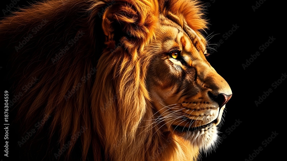 Naklejka premium Majestic portrait of a powerful male lion captured in dramatic profile against a deep black background emphasizing its radiant golden mane and intensely focused amber eye.