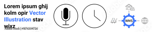 Voice technology, time tracking, logistics, management systems, warehouse solutions, and business tools. Microphone and clock symbols with gear and workflow diagrams. Voice technology and time